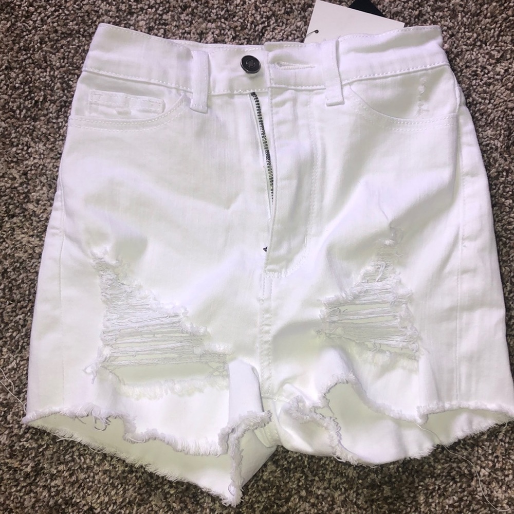 White distressed Sorry Mom Shorts